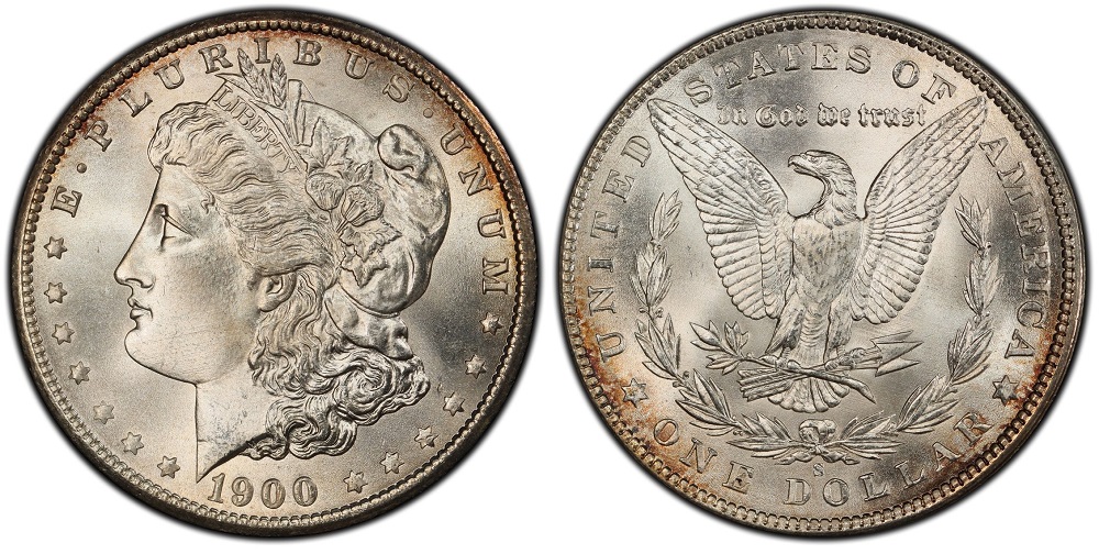 1900-S Morgan silver dollar showing the S mint mark, San Francisco issue