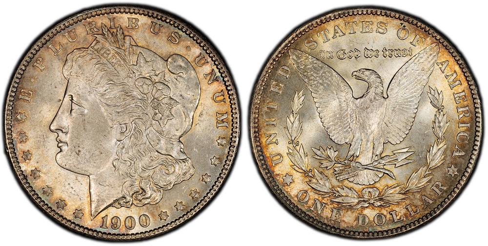 1900 Morgan silver dollar grading strip showing four condition levels from worn to gem mint state